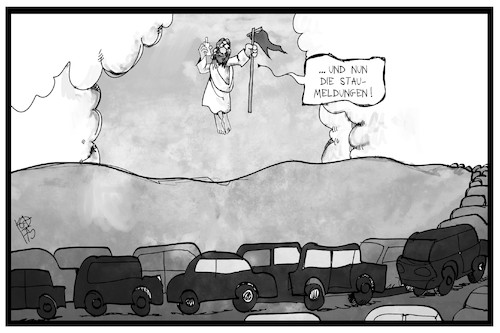 Cartoon: Verkehrschaos (medium) by Kostas Koufogiorgos tagged karikatur,koufogiorgos,illustration,cartoon,verkehr,chaos,stau,himmelfahrt,christus,sieger,religion,christentum,jesus,staumelder,wochenende,feiertag,karikatur,koufogiorgos,illustration,cartoon,verkehr,chaos,stau,himmelfahrt,christus,sieger,religion,christentum,jesus,staumelder,wochenende,feiertag