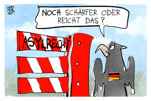 Cartoon: Verschärftes Asylrecht (medium) by Kostas Koufogiorgos tagged karikatur,koufogiorgos,asylrecht,schranke,schlagbaum,bundesadler,verschärfung,karikatur,koufogiorgos,asylrecht,schranke,schlagbaum,bundesadler,verschärfung