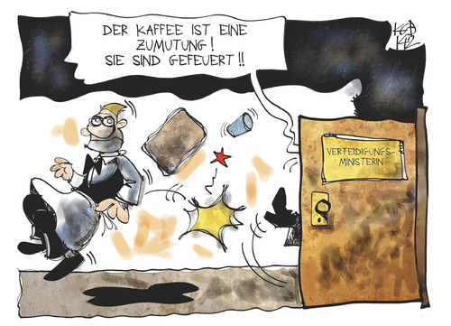 Cartoon: Verteidigungsministerin (medium) by Kostas Koufogiorgos tagged illustration,karikatur,cartoon,koufogiorgos,von,der,leyen,verteidigungsministerin,kellner,kaffee,personal,staatssekretär,entlassung,politik,verteidigungsministerium,illustration,karikatur,cartoon,koufogiorgos,von,der,leyen,verteidigungsministerin,kellner,kaffee,personal,staatssekretär,entlassung,politik,verteidigungsministerium