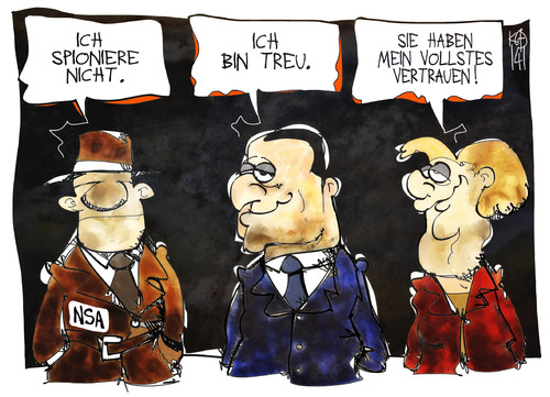 Cartoon: Vertrauen gegen Vertrauen (medium) by Kostas Koufogiorgos tagged vertrauen,agent,nsa,spion,nospy,hollande,affäre,merkel,frankreich,usa,deutschland,karikatur,illustration,cartoon,koufogiorgos,vertrauen,agent,nsa,spion,nospy,hollande,affäre,merkel,frankreich,usa,deutschland,karikatur,illustration,cartoon,koufogiorgos