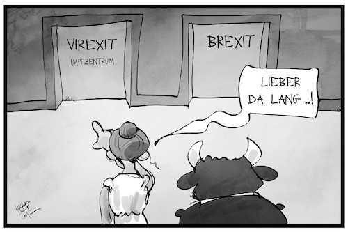 Cartoon: Virexit (medium) by Kostas Koufogiorgos tagged karikatur,koufogiorgos,illustration,cartoon,covid19,impfung,virexit,brexit,europa,eu,stier,pandemie,karikatur,koufogiorgos,illustration,cartoon,covid19,impfung,virexit,brexit,europa,eu,stier,pandemie