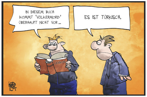 Cartoon: Völkermord (medium) by Kostas Koufogiorgos tagged karikatur,koufogiorgos,illustration,cartoon,voelkermord,türkei,woerterbuch,lexikon,begriff,nachschlagen,wort,sprache,armenien,genozid,karikatur,koufogiorgos,illustration,cartoon,voelkermord,türkei,woerterbuch,lexikon,begriff,nachschlagen,wort,sprache,armenien,genozid