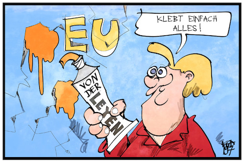 Cartoon: Von der Leyen (medium) by Kostas Koufogiorgos tagged karikatur,koufogiorgos,illustration,cartoon,leyen,merkel,kleber,kitt,eu,europa,kommission,präsidentin,zusammenhalt,karikatur,koufogiorgos,illustration,cartoon,leyen,merkel,kleber,kitt,eu,europa,kommission,präsidentin,zusammenhalt