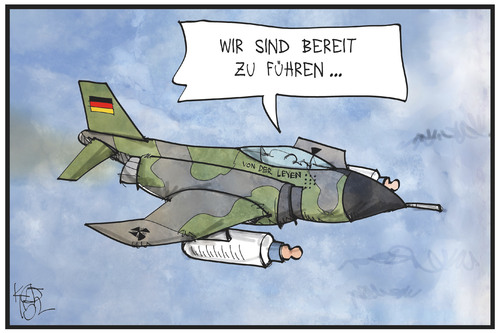 Cartoon: Von der Leyen führt (medium) by Kostas Koufogiorgos tagged karikatur,koufogiorgos,illustration,cartoon,flugzeug,bundeswehr,militär,nuckelflasche,waffe,kampfeinsatz,führung,politik,aussenpolitik,führungsrolle,karikatur,koufogiorgos,illustration,cartoon,flugzeug,bundeswehr,militär,nuckelflasche,waffe,kampfeinsatz,führung,politik,aussenpolitik,führungsrolle