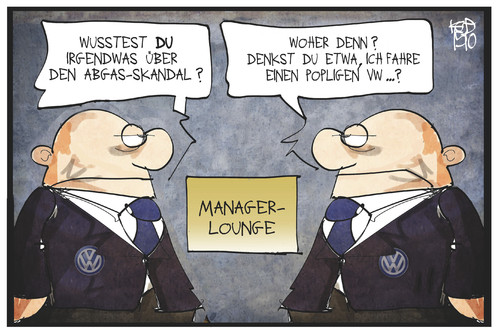 Cartoon: VW-Manager (medium) by Kostas Koufogiorgos tagged karikatur,koufogiorgos,illustration,cartoon,vw,manager,abgas,skandal,auto,automobilindustrie,wirtschaft,ignoranz,betrug,karikatur,koufogiorgos,illustration,cartoon,vw,manager,abgas,skandal,auto,automobilindustrie,wirtschaft,ignoranz,betrug