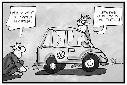 Cartoon: VW-Skandal (medium) by Kostas Koufogiorgos tagged karikatur,koufogiorgos,illustration,cartoon,vw,auto,abgas,skandal,co2,test,automobilindustrie,wirtschaft,verbraucher,prüfer,karikatur,koufogiorgos,illustration,cartoon,vw,auto,abgas,skandal,co2,test,automobilindustrie,wirtschaft,verbraucher,prüfer