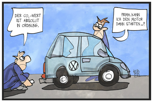 Cartoon: VW-Skandal (medium) by Kostas Koufogiorgos tagged karikatur,koufogiorgos,illustration,cartoon,vw,auto,abgas,skandal,co2,test,automobilindustrie,wirtschaft,verbraucher,prüfer,karikatur,koufogiorgos,illustration,cartoon,vw,auto,abgas,skandal,co2,test,automobilindustrie,wirtschaft,verbraucher,prüfer