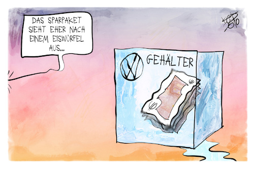 Cartoon: VW (medium) by Kostas Koufogiorgos tagged karikatur,koufogiorgos,vw,volkswagen,arbeitsplatz,job,gehalt,eiswürfel,sparpaket,karikatur,koufogiorgos,vw,volkswagen,arbeitsplatz,job,gehalt,eiswürfel,sparpaket