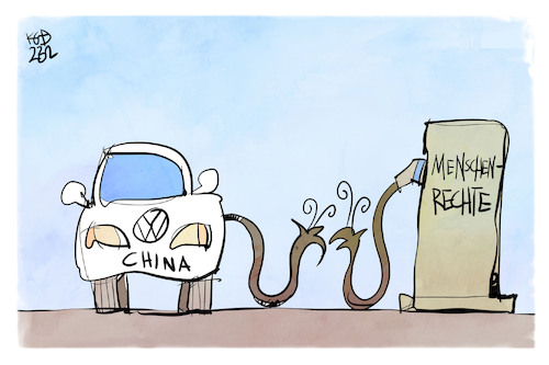 Cartoon: VW in China (medium) by Kostas Koufogiorgos tagged karikatur,koufogiorgos,vw,menschenrechte,china,uiguren,auto,karikatur,koufogiorgos,vw,menschenrechte,china,uiguren,auto