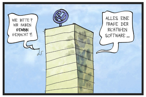 Cartoon: VW macht Gewinn (medium) by Kostas Koufogiorgos tagged karikatur,koufogiorgos,illustration,cartoon,vw,volkswagen,gewinn,software,manipulation,konzern,automobil,börse,verlust,bilanz,betrug,dieselgate,wirtschaft,karikatur,koufogiorgos,illustration,cartoon,vw,volkswagen,gewinn,software,manipulation,konzern,automobil,börse,verlust,bilanz,betrug,dieselgate,wirtschaft