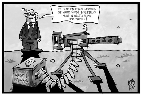 Cartoon: Waffenexporte (medium) by Kostas Koufogiorgos tagged karikatur,koufogiorgos,illustration,cartoon,waffen,export,rüstungsindustrie,munition,made,in,germany,gewissen,michel,verkaufen,profit,krieg,konflikt,wirtschaft,karikatur,koufogiorgos,illustration,cartoon,waffen,export,rüstungsindustrie,munition,made,in,germany,gewissen,michel,verkaufen,profit,krieg,konflikt,wirtschaft