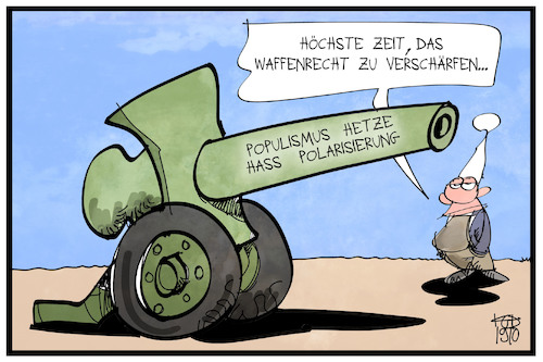 Cartoon: Waffenrecht (medium) by Kostas Koufogiorgos tagged karikatur,koufogiorgos,illustration,cartoon,waffenrecht,michel,kanone,hass,hetze,prävention,populismus,polarsierung,karikatur,koufogiorgos,illustration,cartoon,waffenrecht,michel,kanone,hass,hetze,prävention,populismus,polarsierung