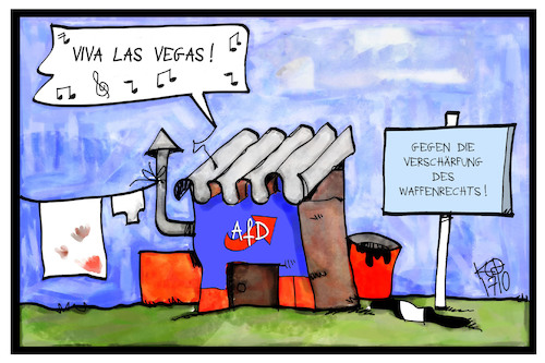 Cartoon: Waffenrecht AfD (medium) by Kostas Koufogiorgos tagged karikatur,koufogiorgos,illustration,cartoon,afd,partei,waffengesetz,waffenrecht,las,vegas,elvis,hütte,programm,wahlprogramm,karikatur,koufogiorgos,illustration,cartoon,afd,partei,waffengesetz,waffenrecht,las,vegas,elvis,hütte,programm,wahlprogramm