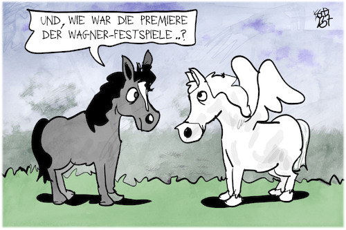 Cartoon: Wagner-Festspiele (medium) by Kostas Koufogiorgos tagged karikatur,koufogiorgos,parsifal,wagner,pegasus,pferd,fluegel,karikatur,koufogiorgos,parsifal,wagner,pegasus,pferd,fluegel