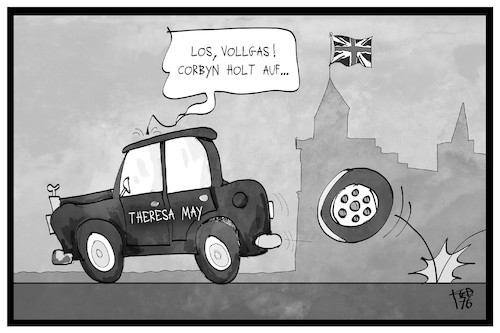 Cartoon: Wahl in Großbritannien (medium) by Kostas Koufogiorgos tagged karikatur,koufogiorgos,illustration,cartoon,wahl,grossbritannien,uk,may,corbyn,umfrage,aufholjagd,auto,rad,demographie,demokratie,tories,labour,karikatur,koufogiorgos,illustration,cartoon,wahl,grossbritannien,uk,may,corbyn,umfrage,aufholjagd,auto,rad,demographie,demokratie,tories,labour