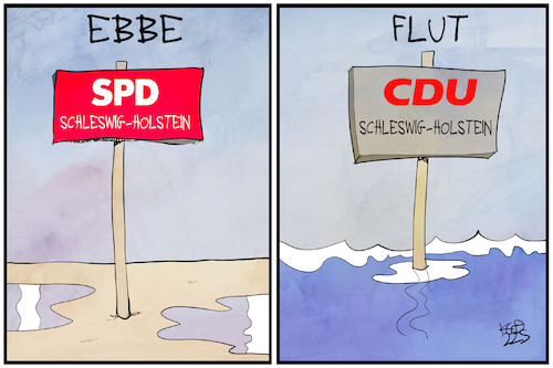 Cartoon: Wahl in Schleswig-Holstein (medium) by Kostas Koufogiorgos tagged karikatur,koufogiorgos,wahl,schleswig,holstein,ebbe,flut,cdu,spd,umfrage,wasser,meer,gezeiten,karikatur,koufogiorgos,wahl,schleswig,holstein,ebbe,flut,cdu,spd,umfrage,wasser,meer,gezeiten