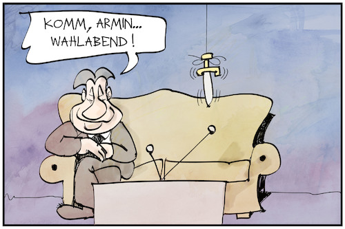 Cartoon: Wahlabend bei der Union (medium) by Kostas Koufogiorgos tagged karikatur,koufogiorgos,illustration,cartoon,wahlabend,söder,laschet,fernsehen,hochrechnung,damoklesschwert,karikatur,koufogiorgos,illustration,cartoon,wahlabend,söder,laschet,fernsehen,hochrechnung,damoklesschwert