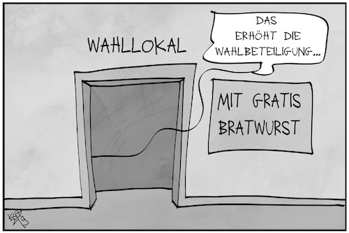 Cartoon: Wahlbeteiligung (medium) by Kostas Koufogiorgos tagged karikatur,koufogiorgos,illustration,cartoon,wahl,wahlbeteiligung,bratwurst,anreiz,demokratie,stimmabgabe,karikatur,koufogiorgos,illustration,cartoon,wahl,wahlbeteiligung,bratwurst,anreiz,demokratie,stimmabgabe