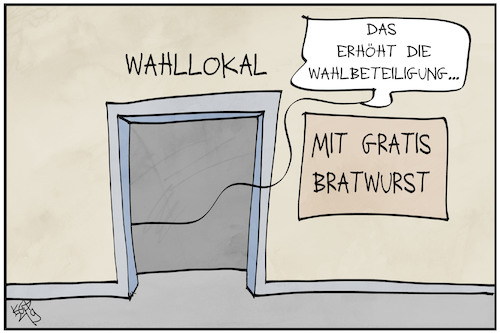 Cartoon: Wahlbeteiligung (medium) by Kostas Koufogiorgos tagged karikatur,koufogiorgos,illustration,cartoon,wahl,wahlbeteiligung,bratwurst,anreiz,demokratie,stimmabgabe,karikatur,koufogiorgos,illustration,cartoon,wahl,wahlbeteiligung,bratwurst,anreiz,demokratie,stimmabgabe