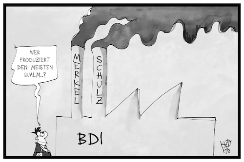 Cartoon: Wahlkampf beim BDI (medium) by Kostas Koufogiorgos tagged karikatur,koufogiorgos,illustration,cartoon,bdi,wahlkampf,schornstein,qualm,spd,cdu,kanzlerkandidat,industrie,verband,wirtschaft,karikatur,koufogiorgos,illustration,cartoon,bdi,wahlkampf,schornstein,qualm,spd,cdu,kanzlerkandidat,industrie,verband,wirtschaft