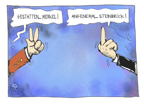 Cartoon: Wahlkampfgesten (medium) by Kostas Koufogiorgos tagged merkel,steinbrück,wahlkampf,stinkefinger,geste,bundestagswahl,karikatur,koufogiorgos,merkel,steinbrück,wahlkampf,stinkefinger,geste,bundestagswahl,karikatur,koufogiorgos