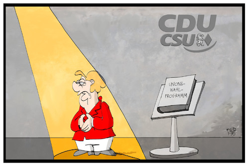 Cartoon: Wahlprogramm Union (medium) by Kostas Koufogiorgos tagged karikatur,koufogiorgos,illustration,cartoon,union,cdu,csu,wahlprogramm,wahlkampf,merkel,show,scheinwerfer,spot,präsentation,karikatur,koufogiorgos,illustration,cartoon,union,cdu,csu,wahlprogramm,wahlkampf,merkel,show,scheinwerfer,spot,präsentation