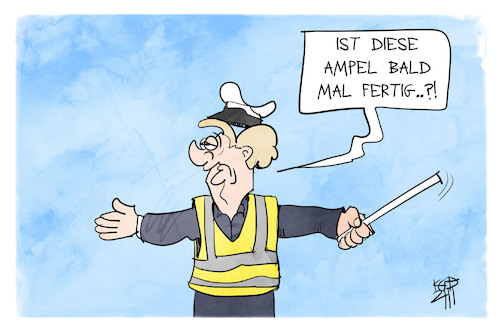 Cartoon: Warten auf die Ampel (medium) by Kostas Koufogiorgos tagged karikatur,koufogiorgos,illustration,cartoon,ampel,merkel,polizei,verkehr,politik,regierung,warten,karikatur,koufogiorgos,illustration,cartoon,ampel,merkel,polizei,verkehr,politik,regierung,warten