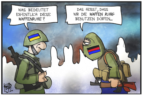 Cartoon: Was bedeutet Waffenruhe? (medium) by Kostas Koufogiorgos tagged karikatur,koufogiorgos,cartoon,illustration,ukraine,separatist,soldat,waffen,ruhe,krieg,konflikt,politik,krise,donbass,karikatur,koufogiorgos,cartoon,illustration,ukraine,separatist,soldat,waffen,ruhe,krieg,konflikt,politik,krise,donbass