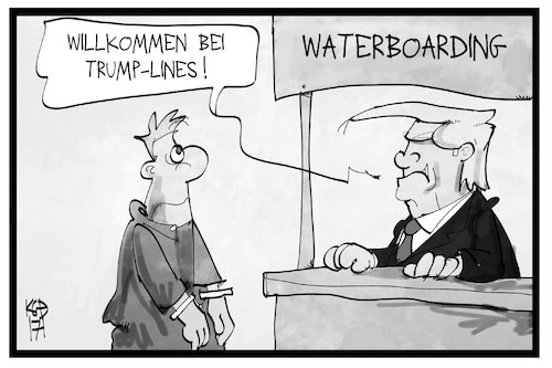 Cartoon: Waterboarding (medium) by Kostas Koufogiorgos tagged karikatur,koufogiorgos,illustration,cartoon,trump,waterboarding,lines,usa,folter,foltermethoden,schiff,linie,reederei,karikatur,koufogiorgos,illustration,cartoon,trump,waterboarding,lines,usa,folter,foltermethoden,schiff,linie,reederei