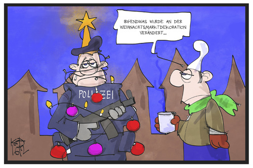 Cartoon: Weihnachtsmarkt 2016 (medium) by Kostas Koufogiorgos tagged karikatur,koufogiorgos,illustration,cartoon,sicherheit,polizist,dekoration,tarnung,michel,terrorismus,weihnachtsmarkt,karikatur,koufogiorgos,illustration,cartoon,sicherheit,polizist,dekoration,tarnung,michel,terrorismus,weihnachtsmarkt