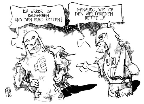 Cartoon: Welt- und Euro-Rettung (medium) by Kostas Koufogiorgos tagged welt,frieden,un,vereinte,nationen,euro,schulden,krise,rettung,europa,karikatur,kostas,koufogiorgos