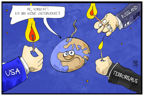 Cartoon: Welt in Gefahr (medium) by Kostas Koufogiorgos tagged karikatur,koufogiorgos,illustration,cartoon,welt,globus,ostern,osterkerze,is,terrosismus,usa,russland,zündeln,feuer,bombe,karikatur,koufogiorgos,illustration,cartoon,welt,globus,ostern,osterkerze,is,terrosismus,usa,russland,zündeln,feuer,bombe