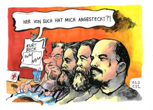 Cartoon: Wer von euch... (medium) by Kostas Koufogiorgos tagged beck,spd,linke,koalition,kostas,koufogiorgos,,beck,spd,linke,koalition,kostas,koufogiorgos,kommunismus,marx,engels,stalin,lenin,revolutionäre,linksradikale,krankheit,ansteckung,umfragentief,heilung