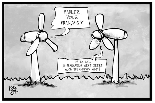 Cartoon: Windkraft aus Frankreich (medium) by Kostas Koufogiorgos tagged karikatur,koufogiorgos,illustration,cartoon,frankreich,energiewende,windrad,ökostrom,umwelt,deutschland,wind,wirtschaft,karikatur,koufogiorgos,illustration,cartoon,frankreich,energiewende,windrad,ökostrom,umwelt,deutschland,wind,wirtschaft