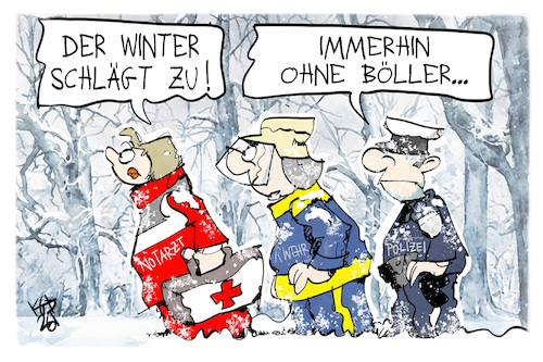 Cartoon: Wintereinbruch (medium) by Kostas Koufogiorgos tagged karikatur,koufogiorgos,winter,notarzt,polizei,feuerwehr,böller,angriff,karikatur,koufogiorgos,winter,notarzt,polizei,feuerwehr,böller,angriff