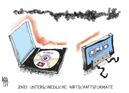 Cartoon: Wirtschaftsformate (medium) by Kostas Koufogiorgos tagged wirtschaft,format,datenträger,schweiz,griechenland,kassette,cd,steuern,euro,schulden,krise,geld,karilatur,kostas,koufogiorgos