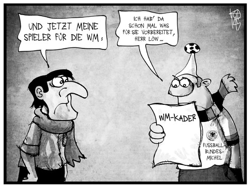 Cartoon: WM-Kader (medium) by Kostas Koufogiorgos tagged karikatur,koufogiorgos,illustration,cartoon,löw,fussball,kader,wm,weltmeisterschaft,michel,bundestrainer,fachmann,coach,sport,aufstellung,fifa,karikatur,koufogiorgos,illustration,cartoon,löw,fussball,kader,wm,weltmeisterschaft,michel,bundestrainer,fachmann,coach,sport,aufstellung,fifa