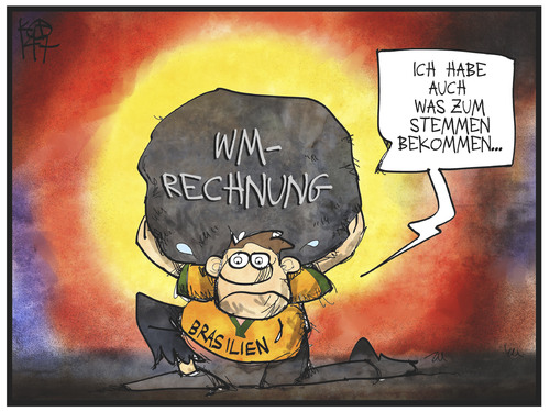 Cartoon: WM-Rechnung (medium) by Kostas Koufogiorgos tagged karikatur,koufogiorgos,illustration,cartoon,wm,weltmeisterschaft,fussball,brasilien,rechnung,last,geld,wirtschaft,politik,karikatur,koufogiorgos,illustration,cartoon,wm,weltmeisterschaft,fussball,brasilien,rechnung,last,geld,wirtschaft,politik