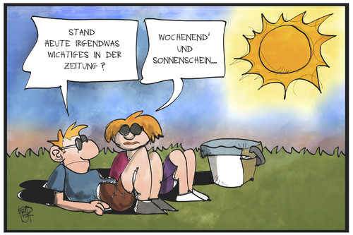 Cartoon: Wochenendwetter (medium) by Kostas Koufogiorgos tagged karikatur,koufogiorgos,illustration,cartoon,wetter,wochenende,sonne,frühling,sommer,freizeit,zeitung,nachrichten,karikatur,koufogiorgos,illustration,cartoon,wetter,wochenende,sonne,frühling,sommer,freizeit,zeitung,nachrichten