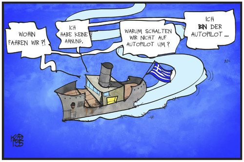 Cartoon: Wohin steuert Griechenland? (medium) by Kostas Koufogiorgos tagged karikatur,koufogiorgos,illustration,cartoon,griechenland,schiff,autopilot,kurs,europa,wirtschaft,krise,politik,karikatur,koufogiorgos,illustration,cartoon,griechenland,schiff,autopilot,kurs,europa,wirtschaft,krise,politik