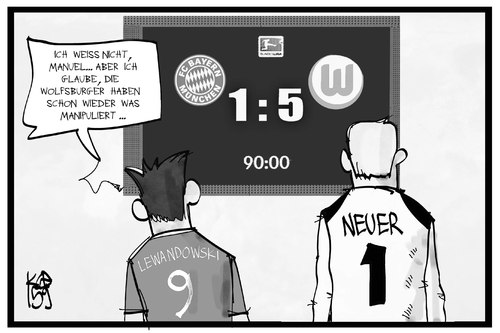 Cartoon: Wolfsburg manipuliert (medium) by Kostas Koufogiorgos tagged karikatur,koufogiorgos,illustration,cartoon,bundesliga,fussball,neuer,lewandowski,bayern,münchen,vfl,wolfsburg,anzeigetafel,manipulation,betrug,dieselgate,skandal,vw,wirtschaft,sport,karikatur,koufogiorgos,illustration,cartoon,bundesliga,fussball,neuer,lewandowski,bayern,münchen,vfl,wolfsburg,anzeigetafel,manipulation,betrug,dieselgate,skandal,vw,wirtschaft,sport