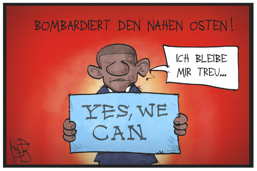Cartoon: Yes we can! (medium) by Kostas Koufogiorgos tagged karikatur,koufogiorgos,illustration,cartoon,obama,usa,nahost,is,bombardierung,kampf,krieg,terrorismus,treu,motto,politik,karikatur,koufogiorgos,illustration,cartoon,obama,usa,nahost,is,bombardierung,kampf,krieg,terrorismus,treu,motto,politik