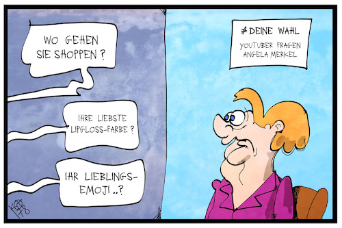 Cartoon: YouTuber fragen Merkel (medium) by Kostas Koufogiorgos tagged karikatur,koufogiorgos,illustration,cartoon,merkel,you,tube,video,kanal,interview,fragen,wahl,wahlkampf,karikatur,koufogiorgos,illustration,cartoon,merkel,you,tube,video,kanal,interview,fragen,wahl,wahlkampf