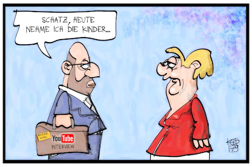 Cartoon: YouTuber fragen Schulz (medium) by Kostas Koufogiorgos tagged karikatur,koufogiorgos,illustration,cartoon,youtube,schulz,interview,merkel,kinder,eltern,paar,wahlkampf,bundestagswahl,karikatur,koufogiorgos,illustration,cartoon,youtube,schulz,interview,merkel,kinder,eltern,paar,wahlkampf,bundestagswahl