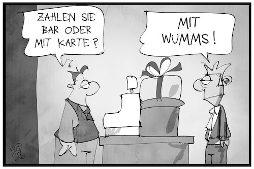 Cartoon: Zahlen mit Wumms (medium) by Kostas Koufogiorgos tagged karikatur,koufogiorgos,illustration,cartoon,wumms,zahlen,bar,ec,geld,kunde,kaufen,verkäufer,konjunkturpaket,karikatur,koufogiorgos,illustration,cartoon,wumms,zahlen,bar,ec,geld,kunde,kaufen,verkäufer,konjunkturpaket