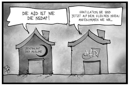 Cartoon: ZDM und AfD (medium) by Kostas Koufogiorgos tagged karikatur,koufogiorgos,illustration,cartoon,afd,zdm,muslime,zentralrat,partei,nsdap,haus,verband,religion,islam,populismus,niveau,beleidigung,nationalsozialismus,vergleich,karikatur,koufogiorgos,illustration,cartoon,afd,zdm,muslime,zentralrat,partei,nsdap,haus,verband,religion,islam,populismus,niveau,beleidigung,nationalsozialismus,vergleich