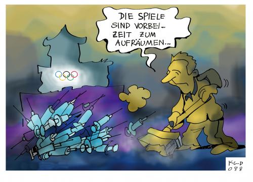 Cartoon: Zeit zum Aufräumen (medium) by Kostas Koufogiorgos tagged peking,olympische,spiele,doping,menschenrechte,zensur,ioc,tibet,kostas,koufogiorgos,tibet,a probe,amaury sport organisation,amphetamine,anabolika,antidopingkontrolle,aso,athletik,b probe,beijing,blutdoping,blutprobe,boykott,bronze,buddhismus,china,cortison,dalai lama,demokratie,demonstration,doping,dopingliste,dopingskandal,dopingtest,eigenblutdoping,epo,fackellauf,filmverbot,flaggenverbot,freistaat tibet,gefängnisstrafe,glenbuterol,gold,goldmedaillie,griechenland,hämatokritwert,internetverbot,kameraverbot,medikamentenmissbrauch,meinungsfreiheit,menschenrechte,militär,militärdiktatur,mönch,olympia,olympiade,olympische kommitee,olympische spiele,peking,pharmaindustrie,pressefreiheit,propaganda,rufmord,sauberes spiel,silber,sport,sportdrill,steroide,stille diplomatie,taiwan,testosteron,tibetaktivist,urinprobe,wachstumshormone,zensur,ioc,amaury,organisation,dalai,lama,freistaat,olympische,kommitee,spiele,sauberes,spiel,stille,diplomatie,probe