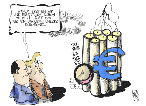 Cartoon: Zeitbombe Eurozone (medium) by Kostas Koufogiorgos tagged euro,zone,schulden,krise,merkel,hollande,europa,bombe,karikatur,kostas,koufogiorgos,euro,zone,schulden,krise,merkel,hollande,europa,bombe,karikatur,kostas,koufogiorgos