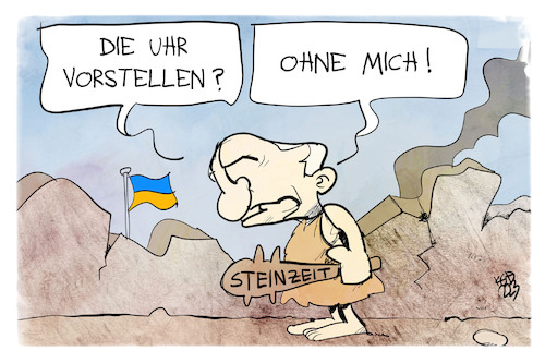 Cartoon: Zeitumstellung (medium) by Kostas Koufogiorgos tagged karikatur,koufogiorgos,zeitumstelung,sommerzeit,putin,steinzeit,krieg,urzeit,karikatur,koufogiorgos,zeitumstelung,sommerzeit,putin,steinzeit,krieg,urzeit