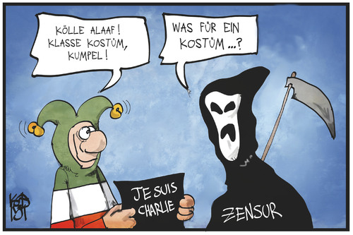 Cartoon: Zensur beim Karneval (medium) by Kostas Koufogiorgos tagged karikatur,koufogiorgos,illustration,cartoon,charlie,hebdo,köln,karneval,zensur,sensenmann,clown,satire,meinungsfreiheit,karikatur,koufogiorgos,illustration,cartoon,charlie,hebdo,köln,karneval,zensur,sensenmann,clown,satire,meinungsfreiheit